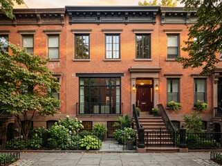 Naklejka premium Brick townhouse with black-framed windows garden and lit doorway