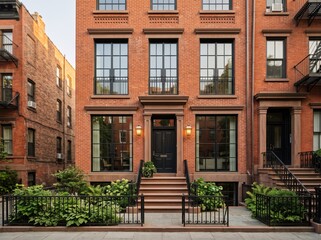 Naklejka premium Brick townhouse front with garden railings and black door