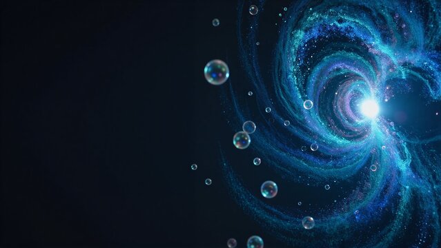 Cosmic swirls and glowing bubbles float in deep space, radiant with blue light.
