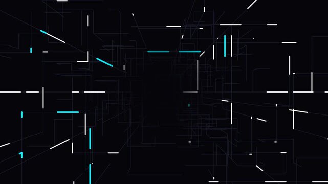 Digital grid lines with cyan and white glowing segments tunneling forward in a 3D perspective for data background