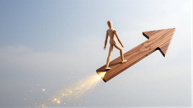 Wooden figure walks upward on glowing arrow, symbolizing progress and ambition.