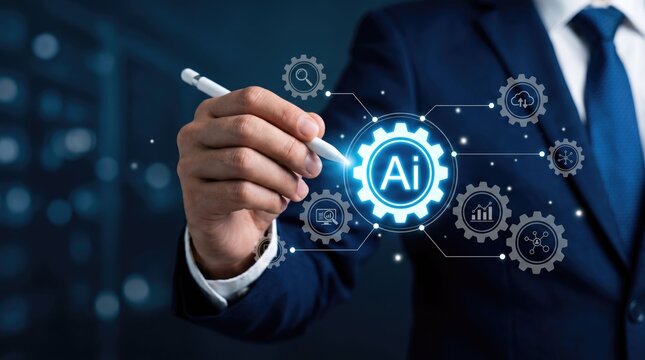 Professional hand drawing artificial intelligence integration concept on digital interface with holographic with depicts close up person formal attire signing holographic