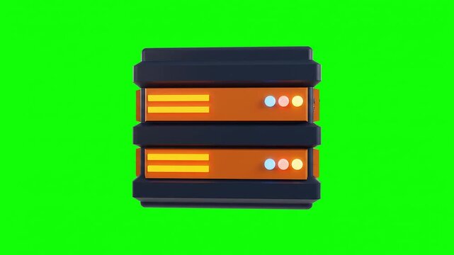 Server rack hardware unit with orange illuminated drives on green screen background, ideal for tech overlays