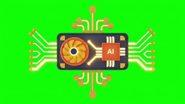 AI processor circuit board with glowing orange neural network design on vivid green background, technology concept