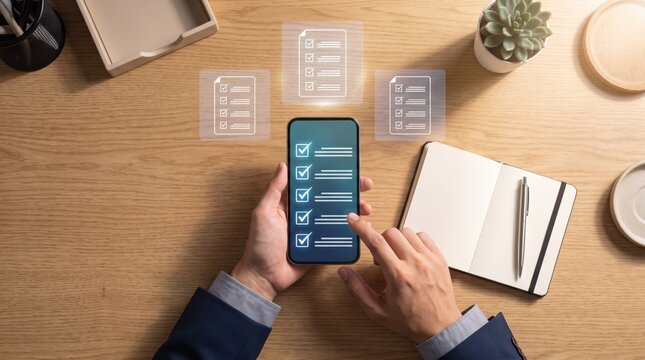 Person using smartphone checklist app with futuristic hologram interface for task management and productivity organization