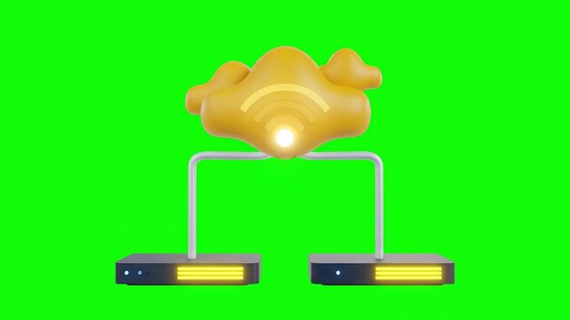 Cloud networking concept with wifi router and connected devices on green background, digital technology illustration