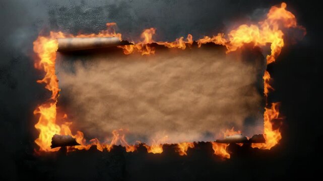 A burning scroll is on fire, framed by flames against a dark, textured background