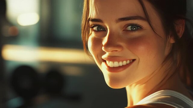 A young woman smiles for the camera. Her face is adorned with a few light-colored freckles and her gaze is directed slightly to the left of the frame. She appears to be outdoors in natural sunlight.