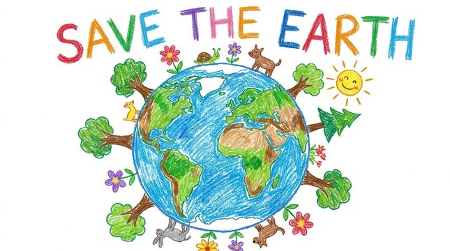 Colorful hand drawn crayon save the earth illustration with smiling earth character and trees, cute children's book style eco artwork
