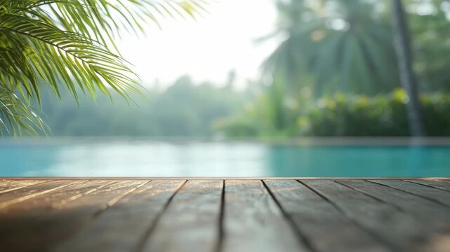 A serene resort pool scene with a wooden deck overlooking the water and lush greenery in the background. The captures the tranquility of a tropical getaway.