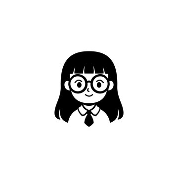 Female student character portrait with glasses and necktie black and white vector icon illustration