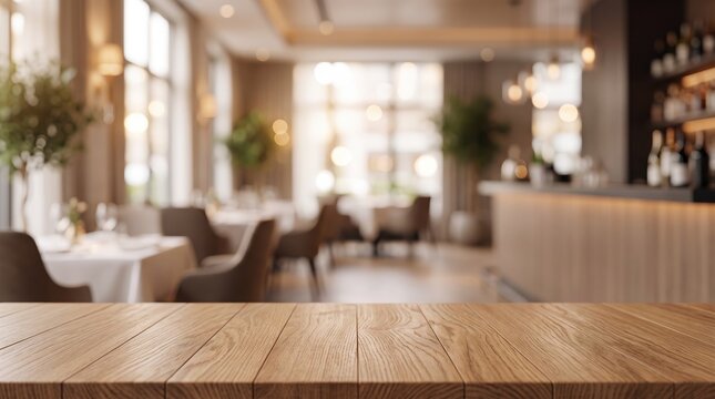Empty wooden table top in blurred restaurant interior, cozy cafe atmosphere with bokeh lights, mockup background for product display or food presentation in dining room setting.