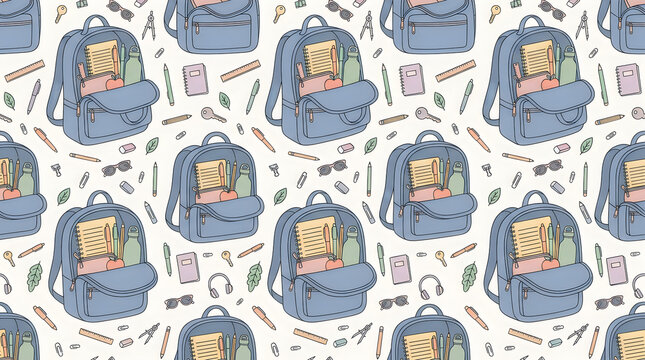 Seamless pattern of open backpacks with school supplies isolated on transparent background
