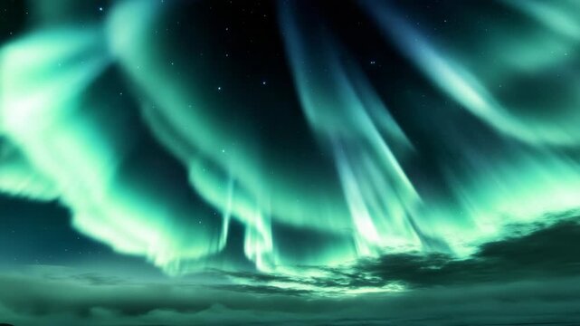 Aurora borealis dances across a starlit sky. Crimson and emerald lights swirl above dark clouds. Night sky glows with silent, celestial motion. The clouds glow green, matching the auroral hues