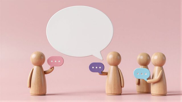 Two wooden figures converse, each with speech bubbles against a soft pink background.