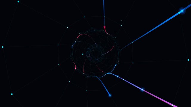 Light streaks and particles spiraling into a central vortex with red and blue glowing trails on black background for motion transition.