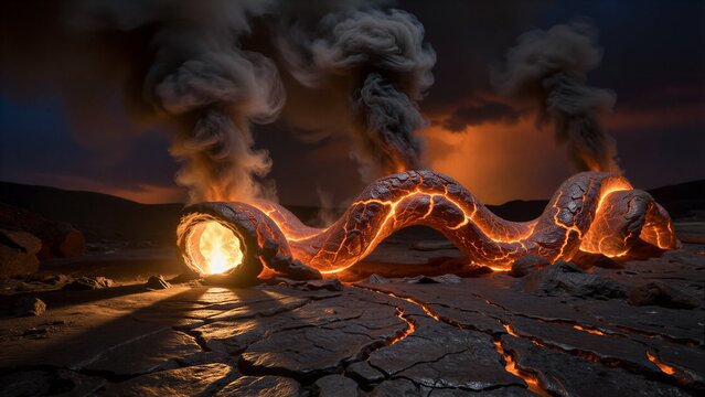 Volcanic dragon erupts fiery, glowing coils amidst smoke and molten rock.