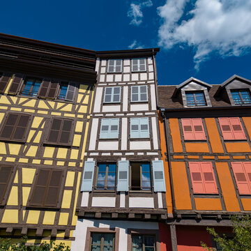 Colorful timber framed houses lining a street in La Petite France, Strasbourg