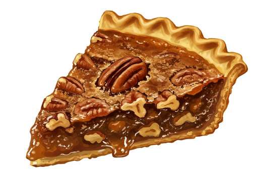 detailed illustration of sweet pecan pie slice with caramel