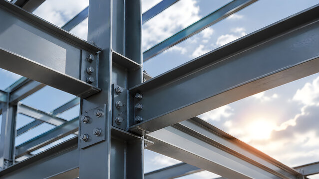 Industrial steel structure framework for modern building construction under blue sky with sunlight.