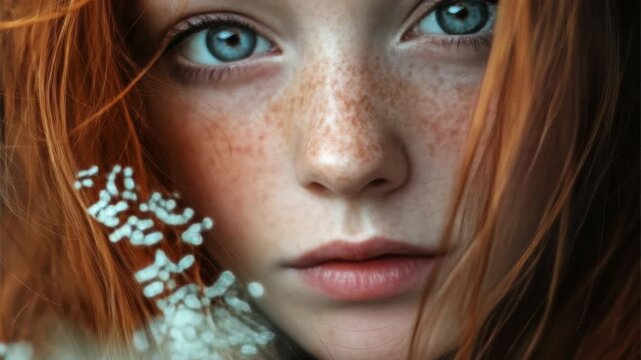 Wistful expression of young red-headed individual with freckles and vibrant blue eyes gazing into the distance.