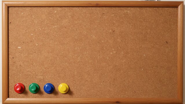 Wooden-framed corkboard with four colorful pushpins arranged in a row.