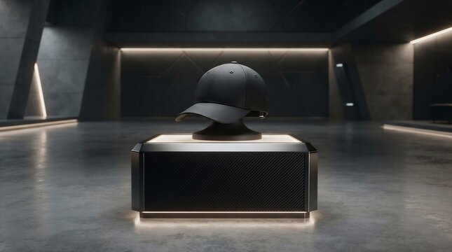 Black baseball cap displayed on modern pedestal in minimalist environment