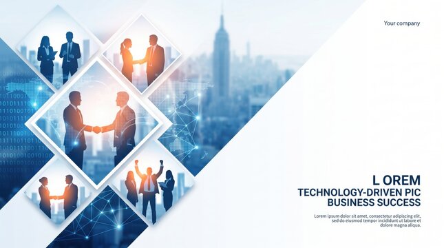 Technology driven business success collage featuring handshakes and city skyline, corporate partnership, global networking, teamwork achievement and professional growth design