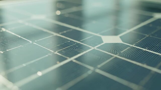 Close up of solar panel surface with geometric grid and shimmering light reflections, representing renewable energy and technology