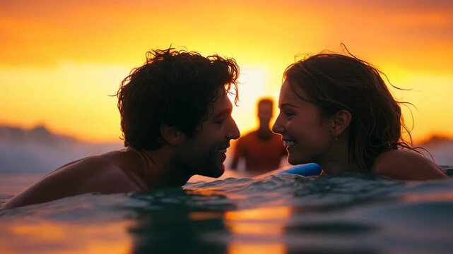 A couple kissing passionately in a surfboard at sunset with other people in background enjoying the ocean.