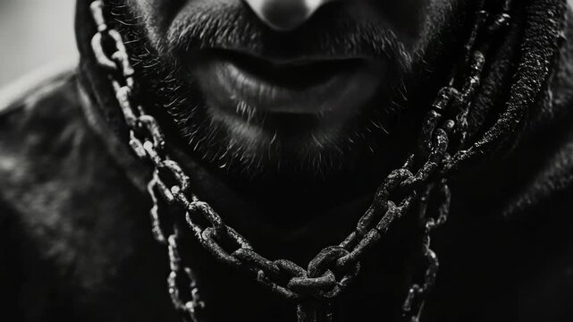 Close-up portrait of a man with facial hair wearing chains around his neck and shoulders. A thoughtful expression on his face.