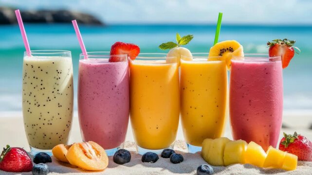 A variety of colorful fruity smoothies with straws and fresh fruit garnishes lined up on a sandy beach near the ocean. Perfect for summer relaxation or vacation beverages.