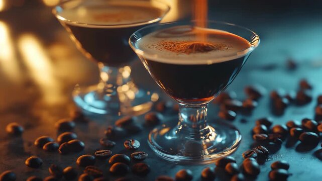 Warm light highlights espresso in glass cups. Cocoa powder falls gently onto dark coffee. Roasted coffee beans surround the glasses. Soft focus adds cozy, inviting atmosphere. Perfect for luxury, cafe