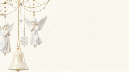Obraz premium White angel figurines and bell hang gracefully against a soft, starry background.
