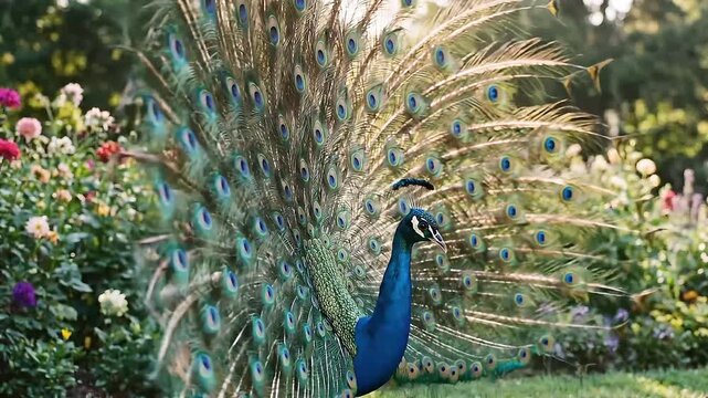 Majestic peacock footage displaying vibrant iridescent tail feathers in a sunny outdoor garden
