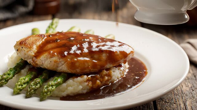 Gravy being poured over seared chicken breast served on mashed potatoes with asparagus