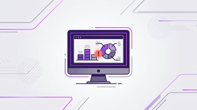 Computer screen displaying financial analytics with warning alert icon