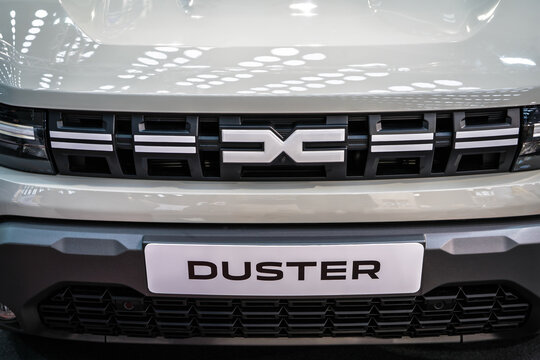 BELGRADE, SERBIA - MARCH 22, 2026: Showroom Licence plate for a Dacia Duster SUV for sale in a dealership in Belgrade. Dacia Duster is a fench romanian SUV, a crossover.