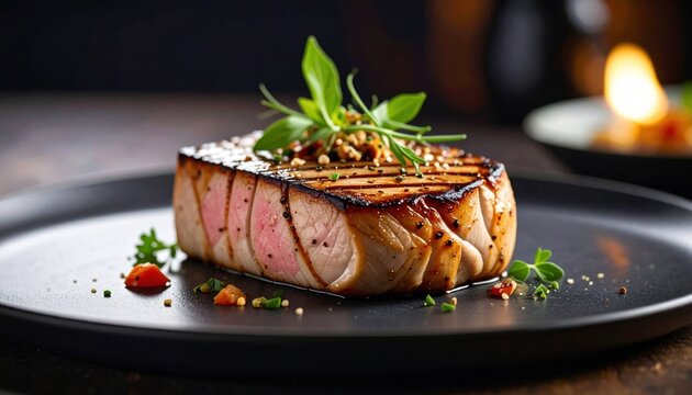 Grilled steak on dark plate, garnished with herbs and spices, soft lighting enhances texture and color