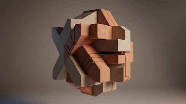 A complex three-dimensional wooden puzzle cube is assembled from interlocking geometric.