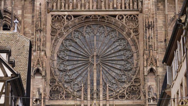 Strasbourg Cathedral rose window revealing intricate gothic architecture details and stonework