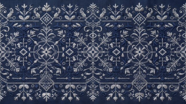 Russia patterns: dark blue traditional textile ornament with intricate white floral embroidery