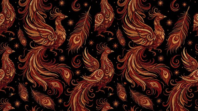 Russia patterns: intricate golden firebird illustration on a dark background with khokhloma