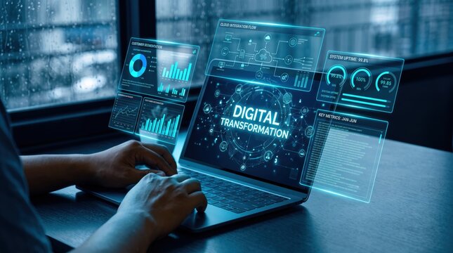 Digital transformation concept, futuristic holographic interface on laptop screen with data analytics and cloud integration for business technology innovation.