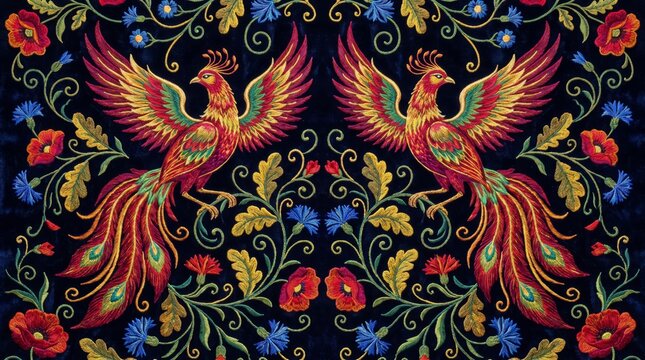 Russia patterns: ornate floral folk art with firebirds khokhloma ornament firebird decorative
