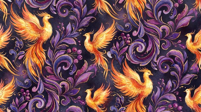 Russia patterns: firebirds with purple floral ornamental background khokhloma ornament firebird