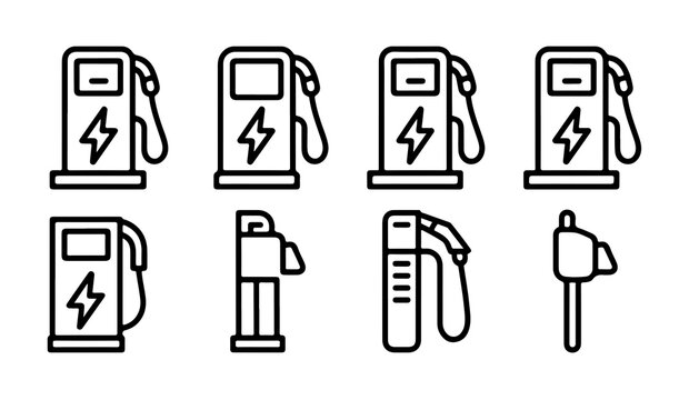 Electric car charging station vector icon set with lightning bolt symbols for sustainable transportation energy.
