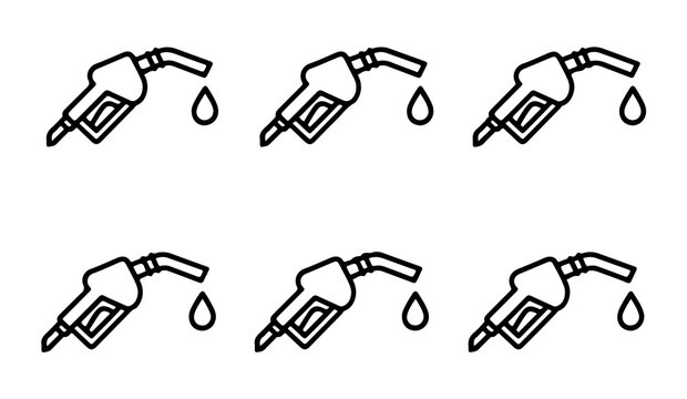 Gasoline fuel nozzle pump handle vector icon set with droplet shape for petrol station service equipment.