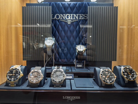 BELGRADE, SERBIA - JUNE 21, 2026: Longines watches for sale behind glass in a jewelry store in belgrade. Longines is a Swiss luxury watchmaker famous for chronographs and watches.