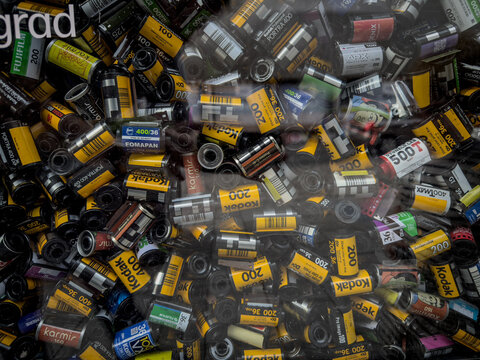 BELGRADE, SERBIA - JULY 18, 2026: Assorted 35mm photographic film rolls and canisters on display, color and black-and-white stocks from Kodak, Fujifilm, Fomapan and other analog photography brands.